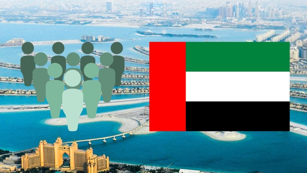 Hoeveel inwoners heeft Dubai, illustratie met vlag en personen